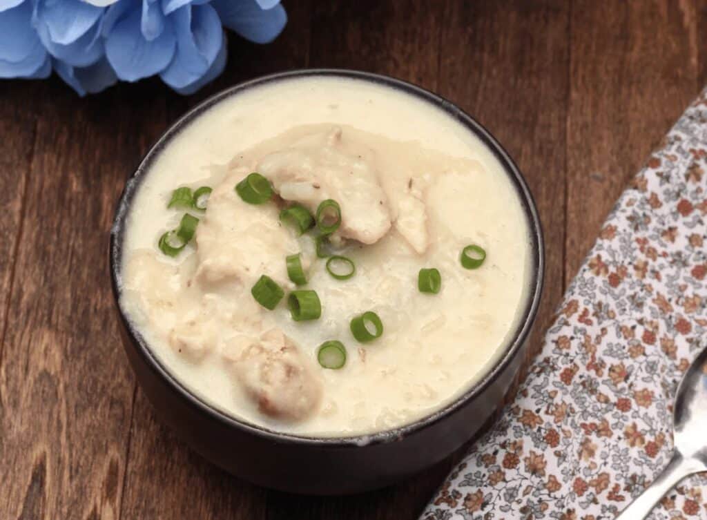 A bowl of soup with chicken and green onions.