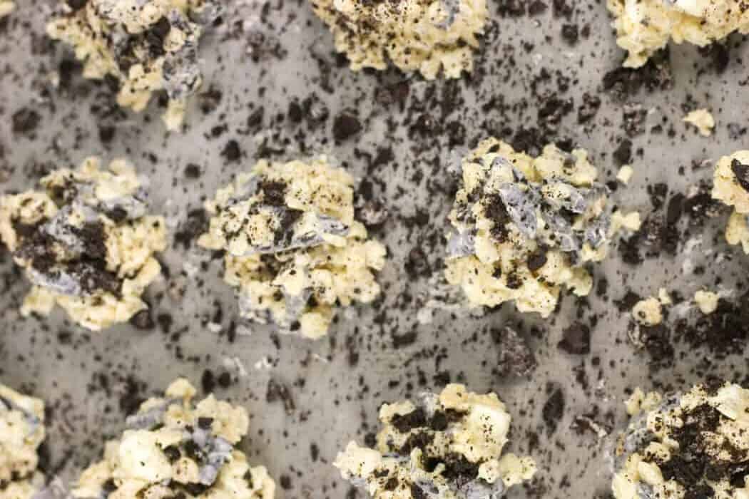 No bake cookies and cream cookies on a baking sheet.