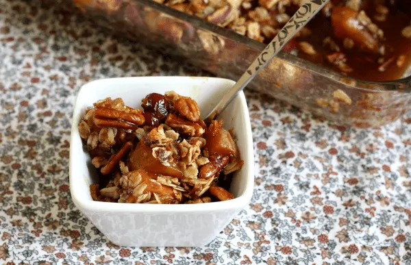 A bowl of oatmeal and pecans with a spoon.