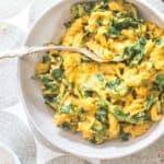 Creamy pumpkin pasta with garlic and tuscan kale in a bowl with a spoon.