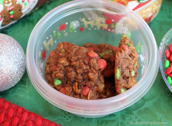 Plastic bowl of cookies with Christmas decor.
