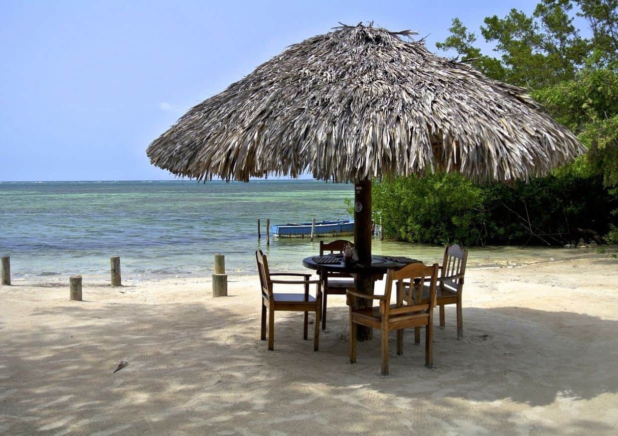 Beach umbrella and chairs