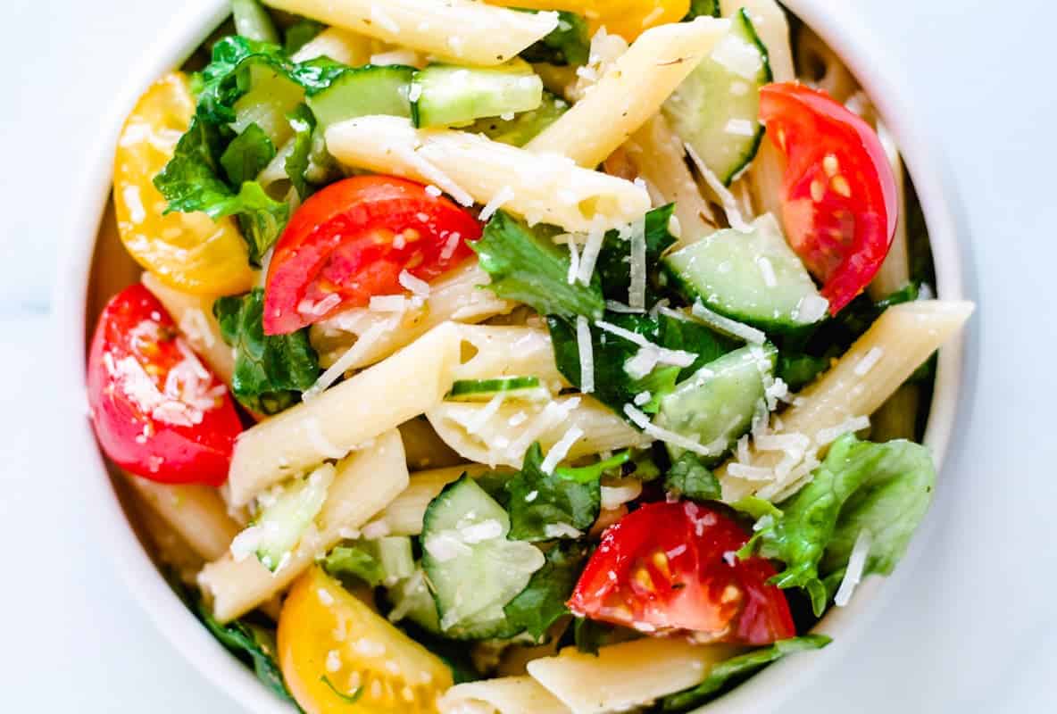 Overhead image of a pasta salad without mayo.
