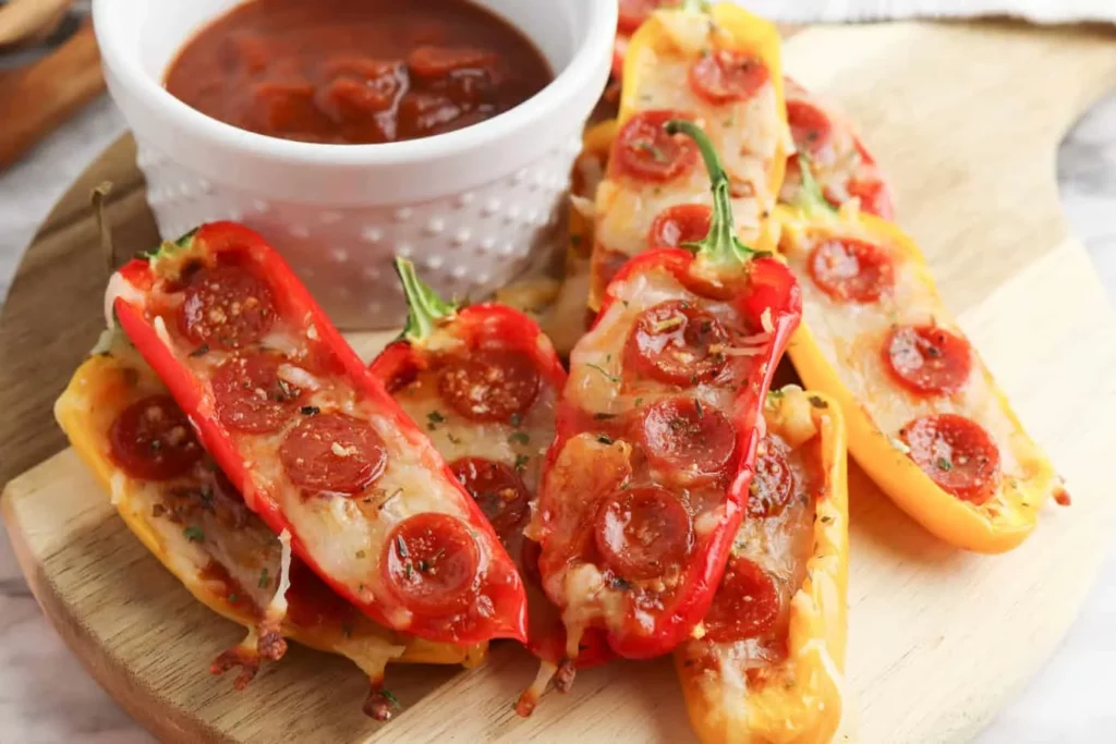 Pepperoni stuffed peppers on a cutting board with dipping sauce.