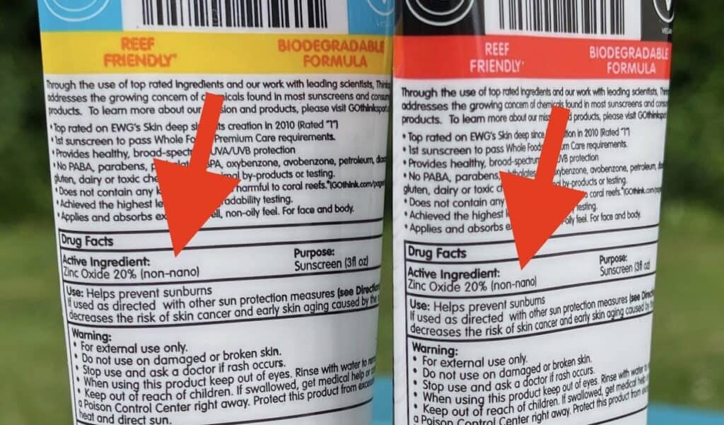 Label on reef-safe sunscreen brand ThinkSport with non nano highlighted.