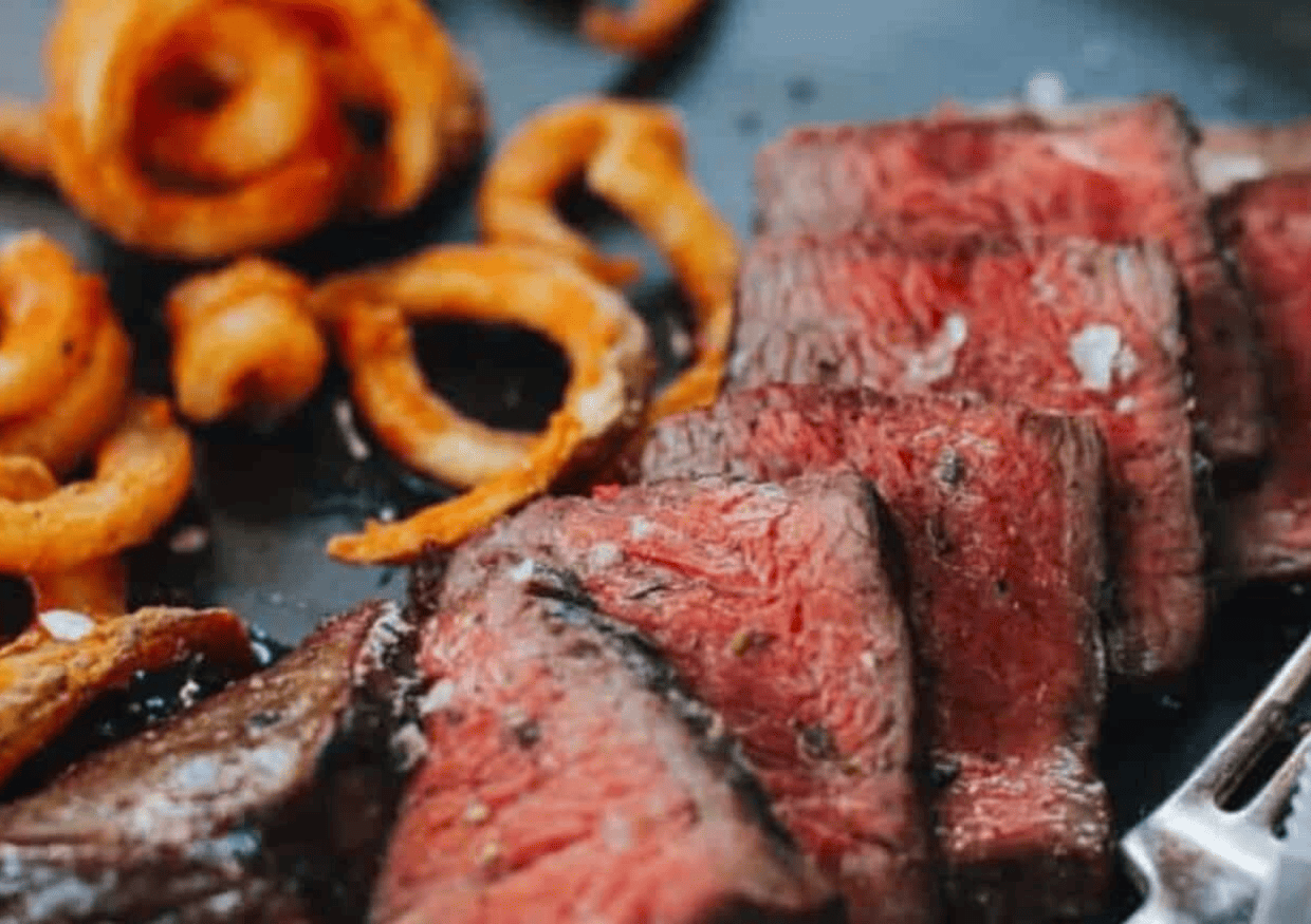 Close up of sliced steak.