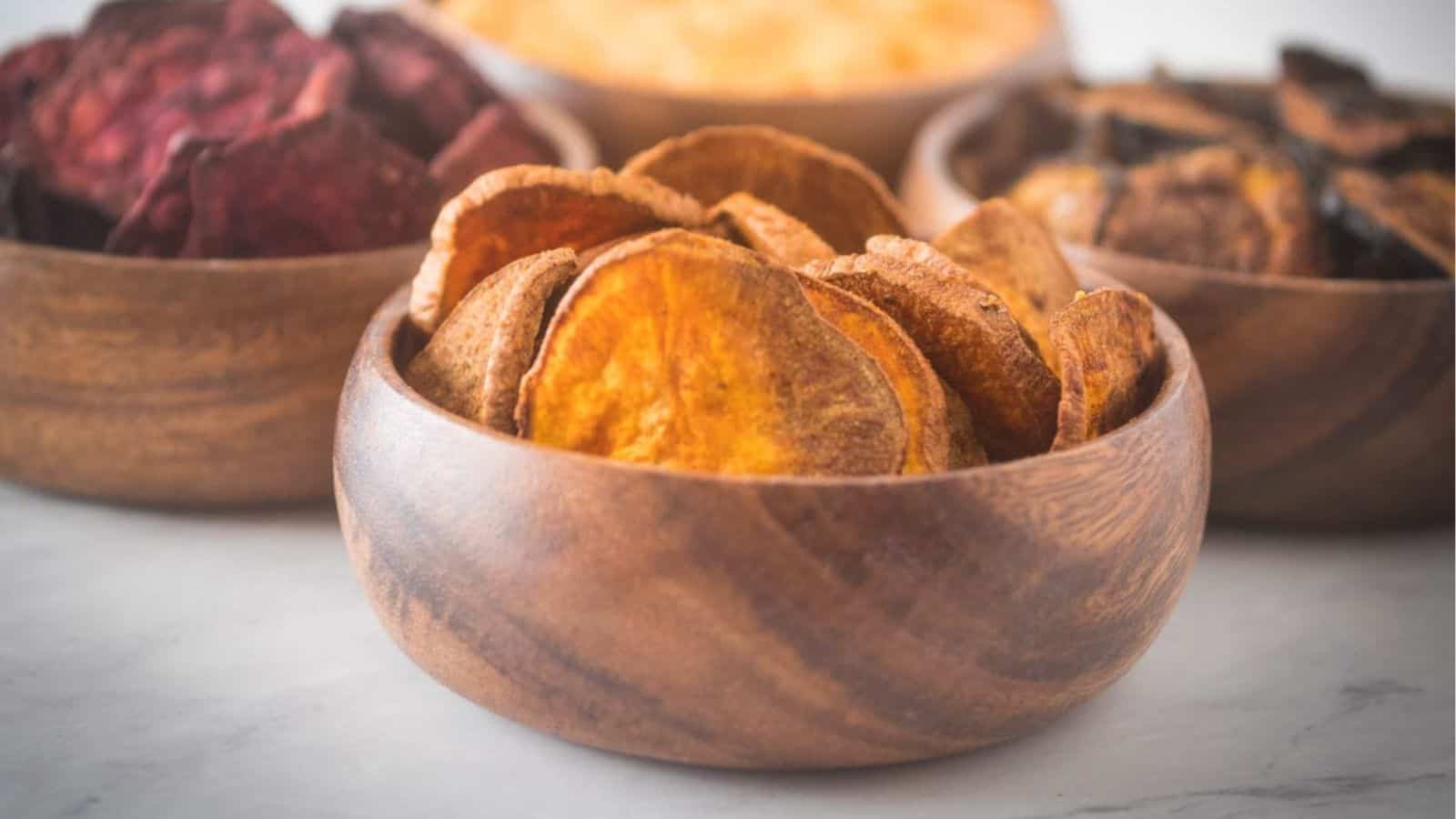 Sweet potato chips in wooden bowls.