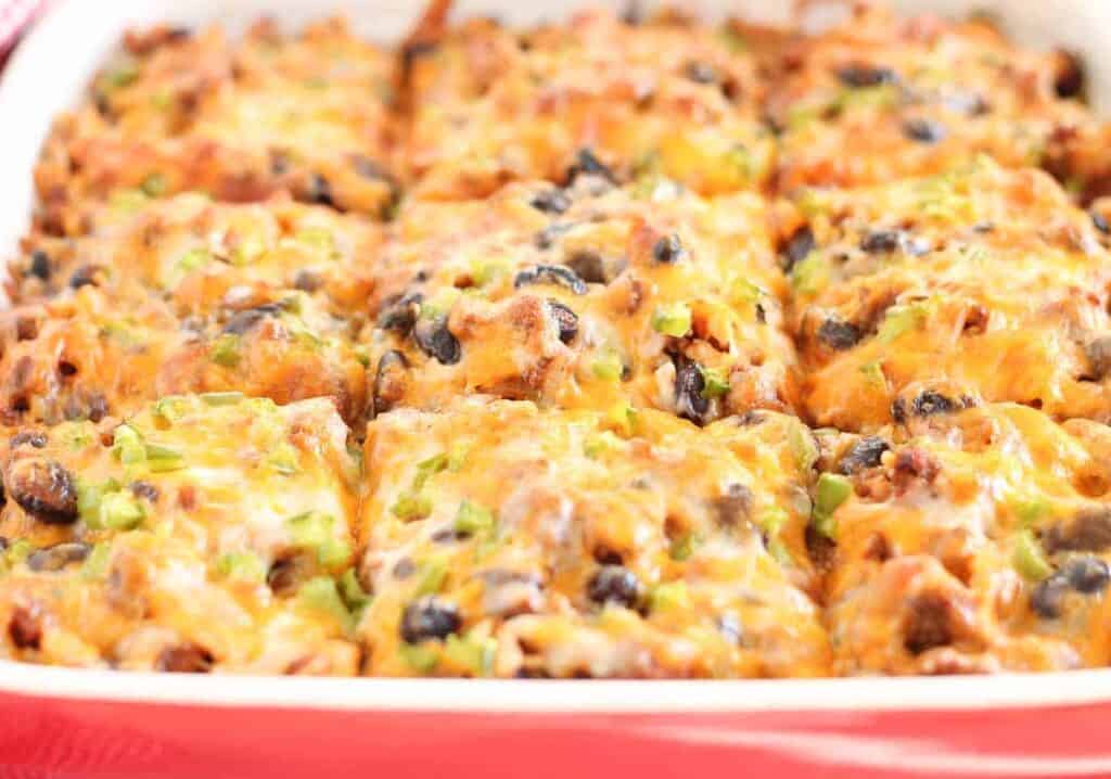 A cheesy Tex Mex Casserole in a baking dish.