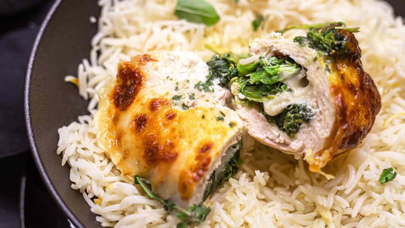 Chicken stuffed with spinach and cheese on a bed of rice.