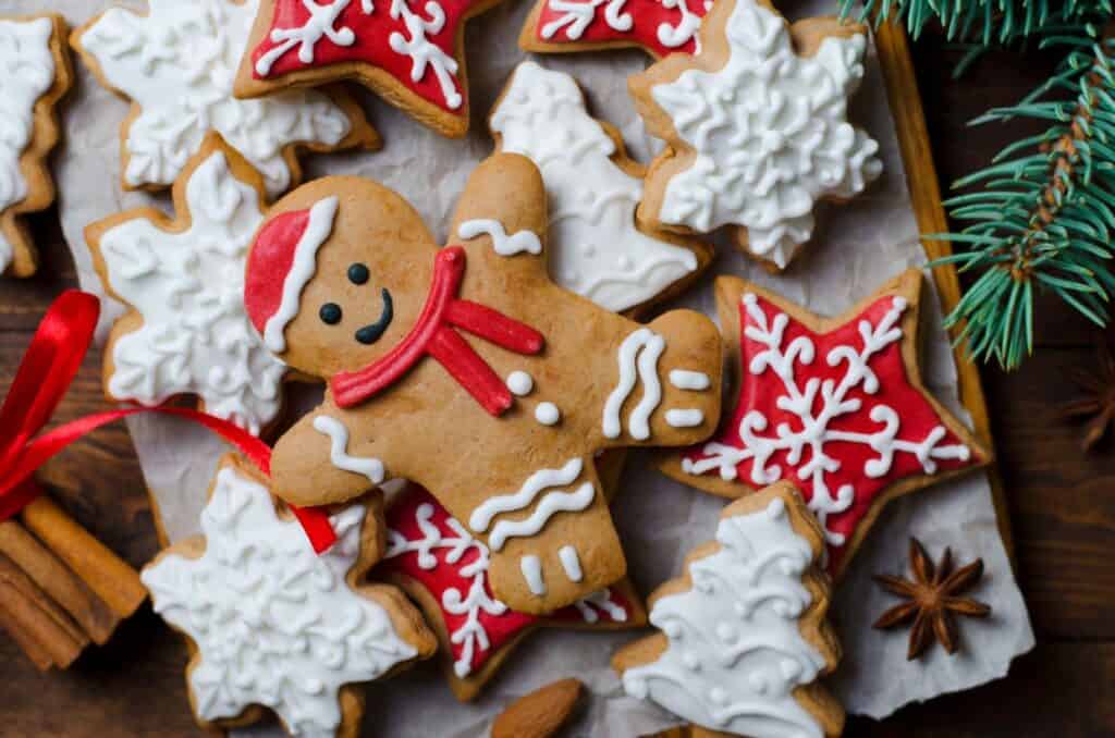 Christmas gingerbread cookies on a wooden table.