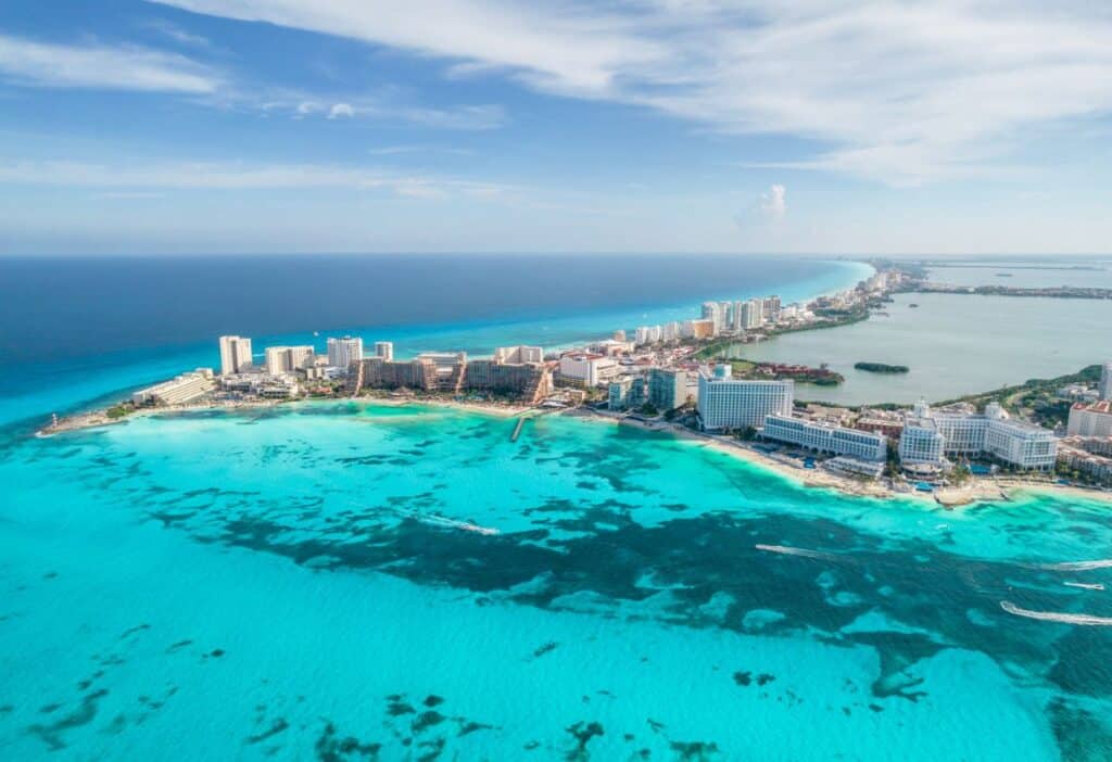 Image shows An aerial view of cancun, mexico.