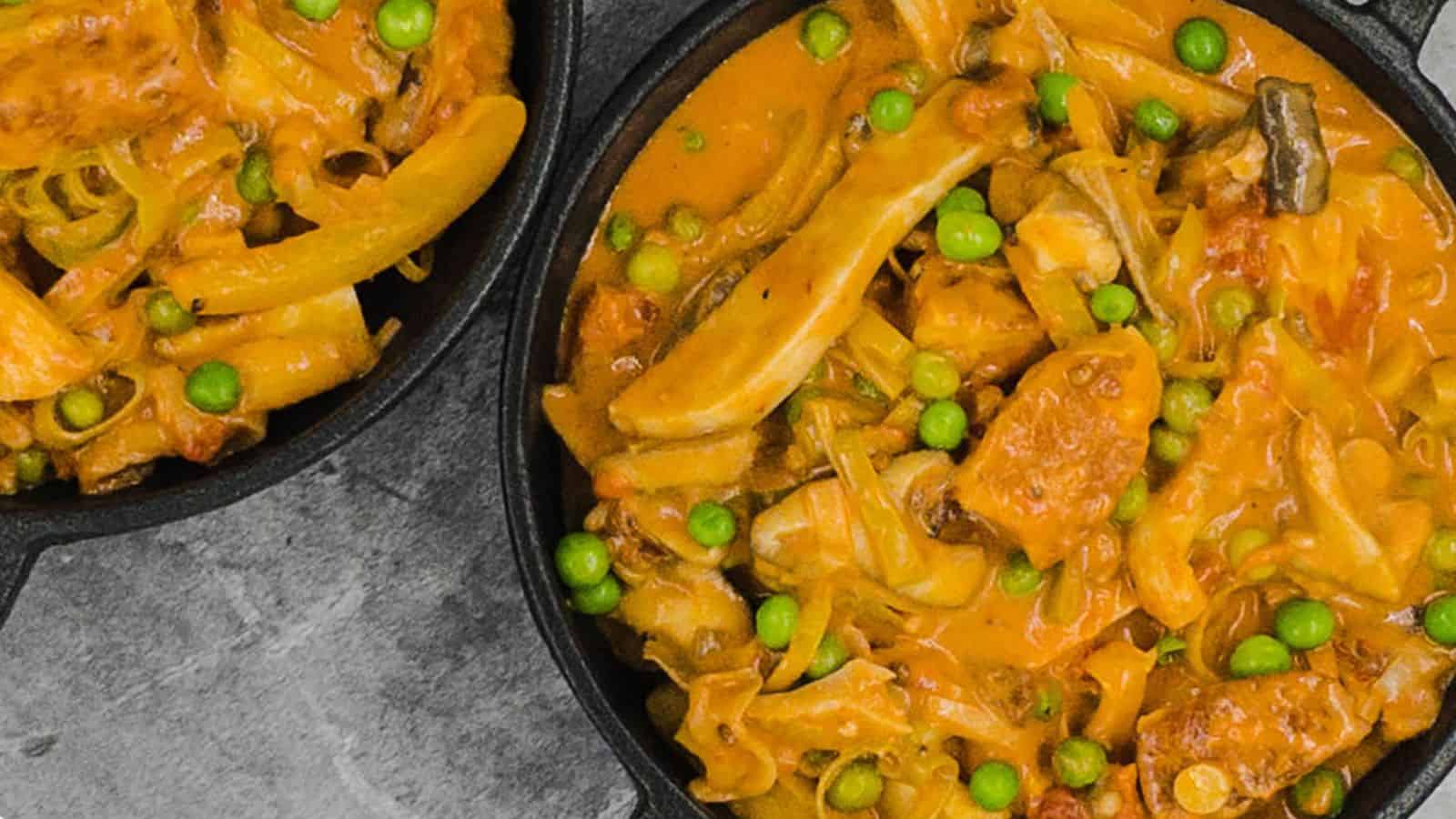 Two skillets filled with curry and peas.