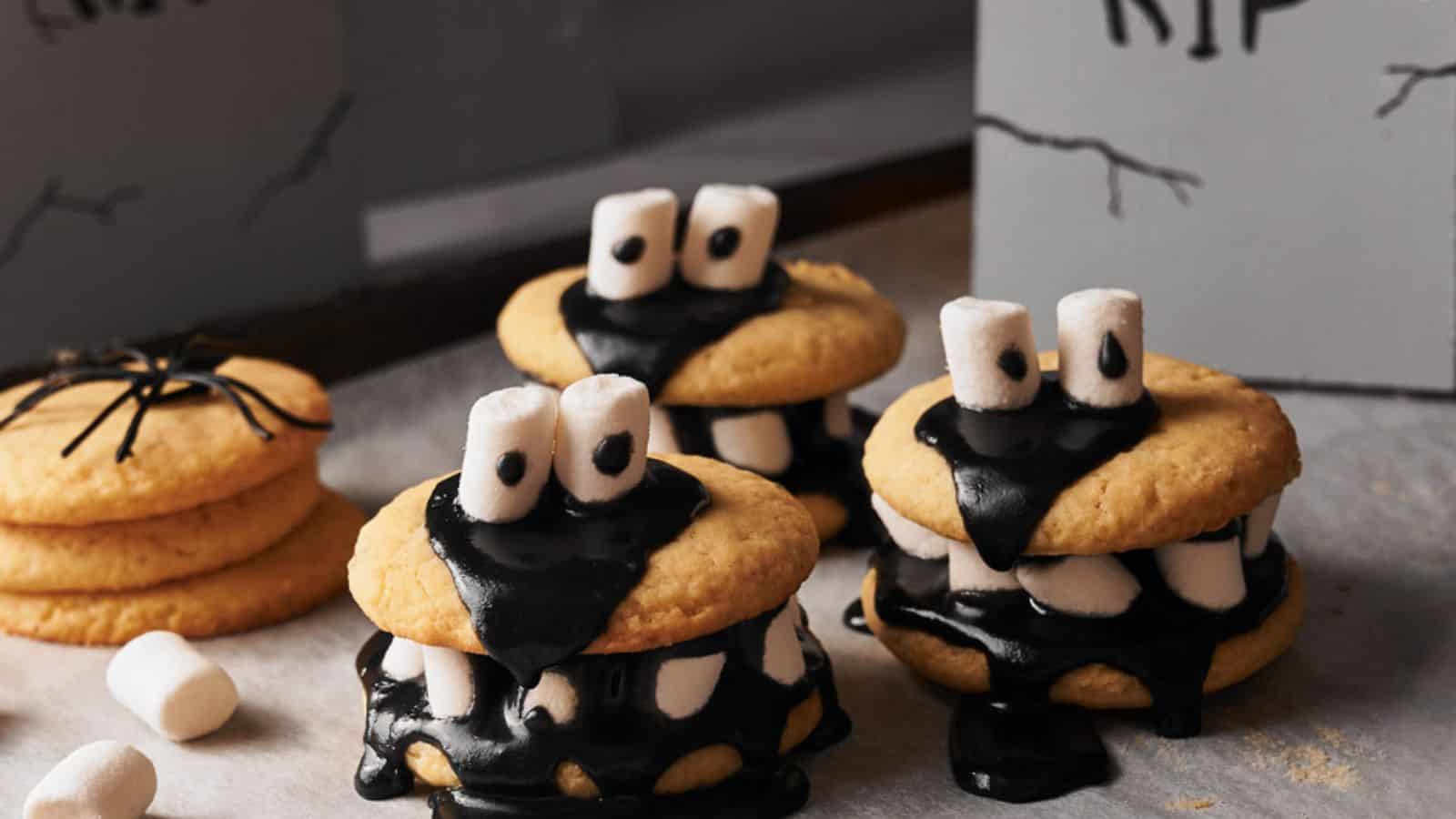 Halloween cookies with black frosting and marshmallows.