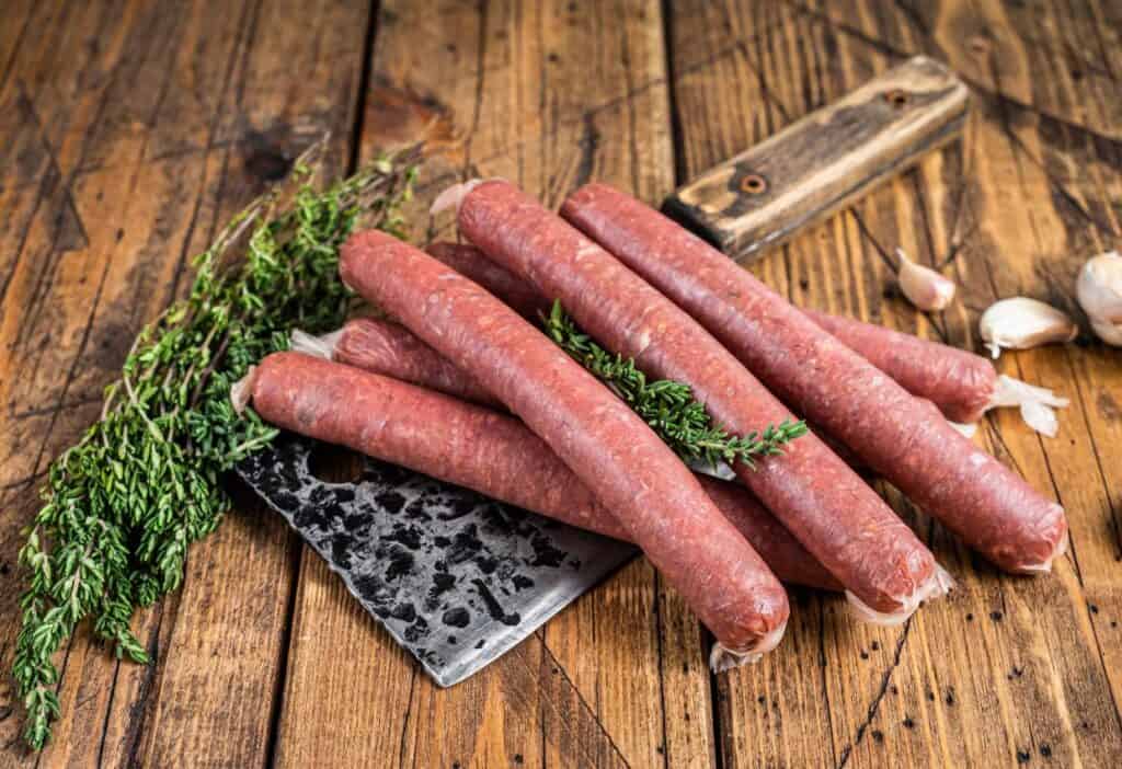 Image shows Sausages with thyme and garlic on a wooden table.