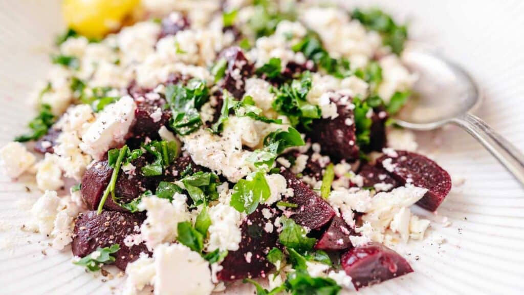 Beet salad with feta and parsley.