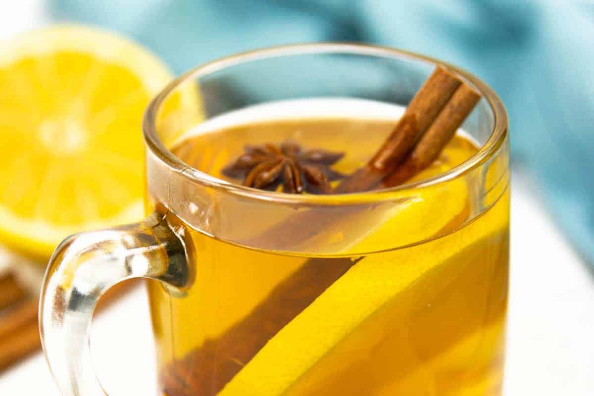 A bourbon hot toddy with a cinnamon stick, a slice of lemon and star anise.