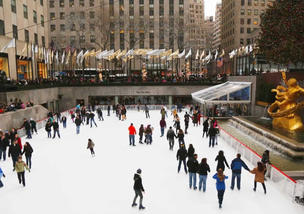 Rockefeller center ice rink in New York City offers thrilling ice skating experiences.
