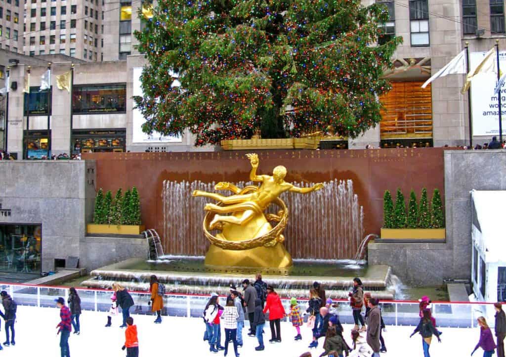 Christmas tree at Rockefeller Center, with ice skating.