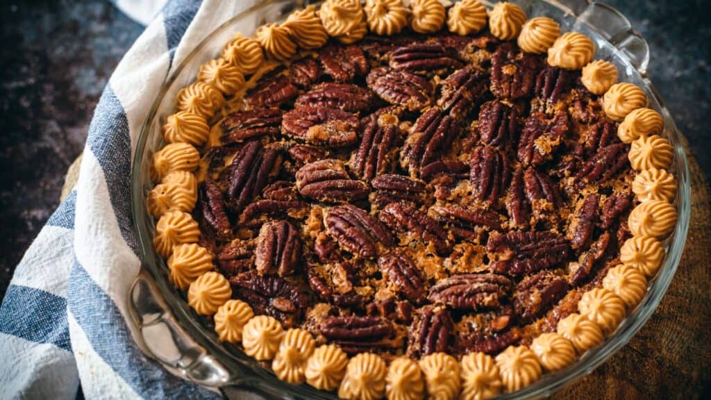 Pecan pie in a glass dish on a wooden board.