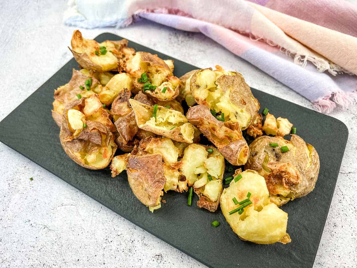Air Fryer Smashed Potatoes on a platter.