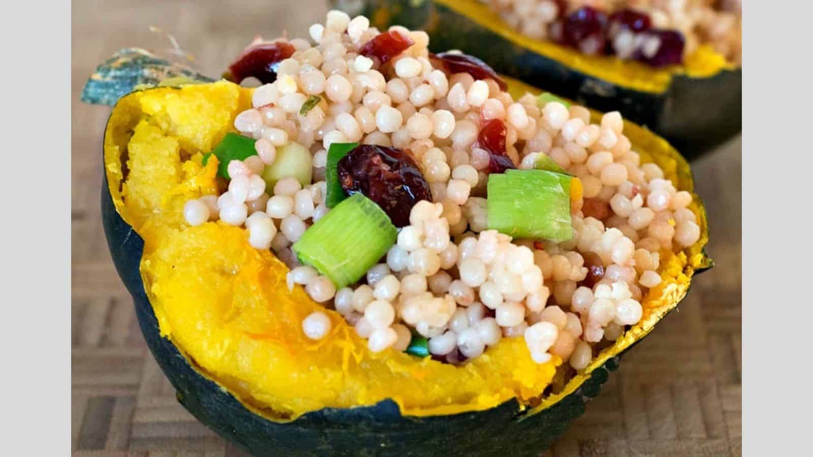 Stuffed acorn squash with quinoa and cranberries.