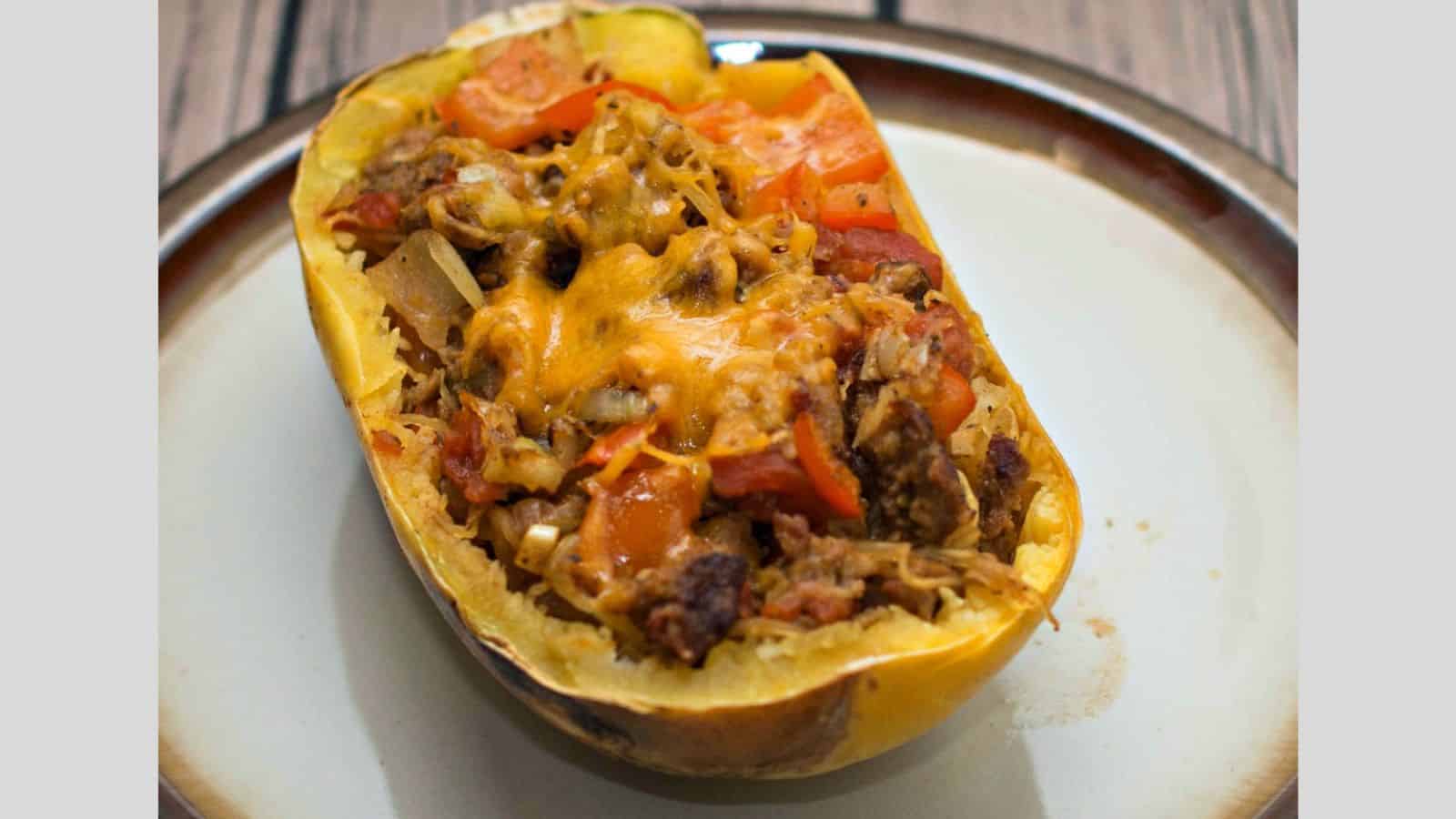 Stuffed squash with meat and cheese on a plate.
