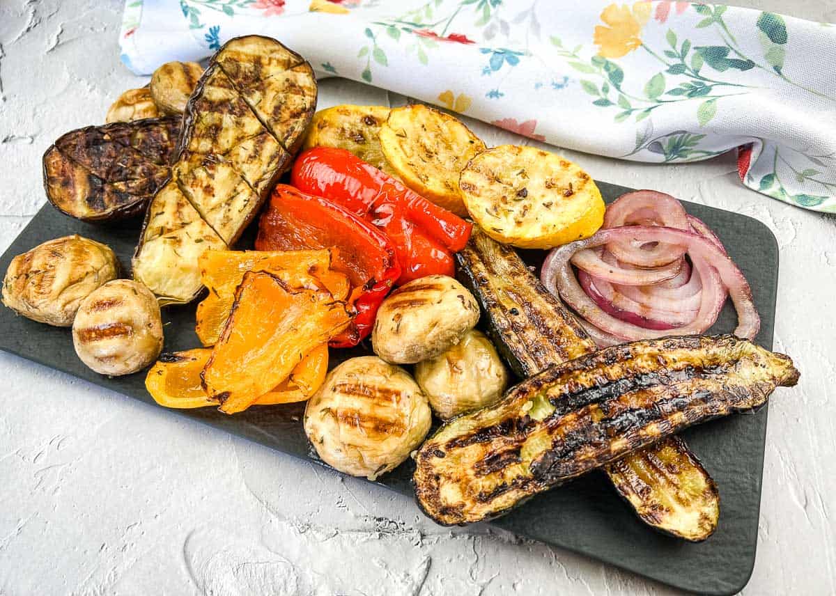 A variety of grilled vegetables on a platter.