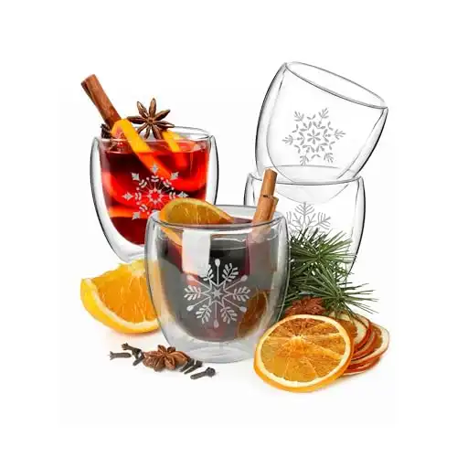 Wrenbury Mulled Wine Glasses Set of 4 – Insulated Hot Toddy Mug 5 oz – Double Wall
