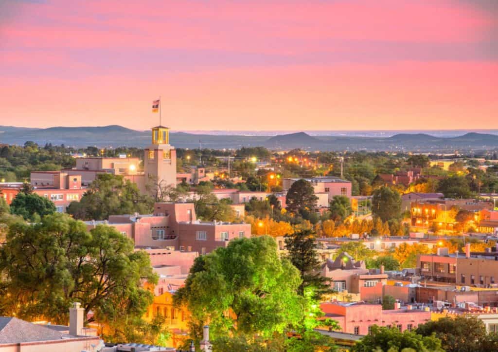 A view of downtown Santa Fe, NM, at sunset.