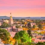 A view of downtown Santa Fe, NM, at sunset.