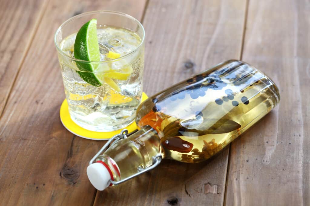 A bottle of infused vodka with a glass with a slice of lemon.
