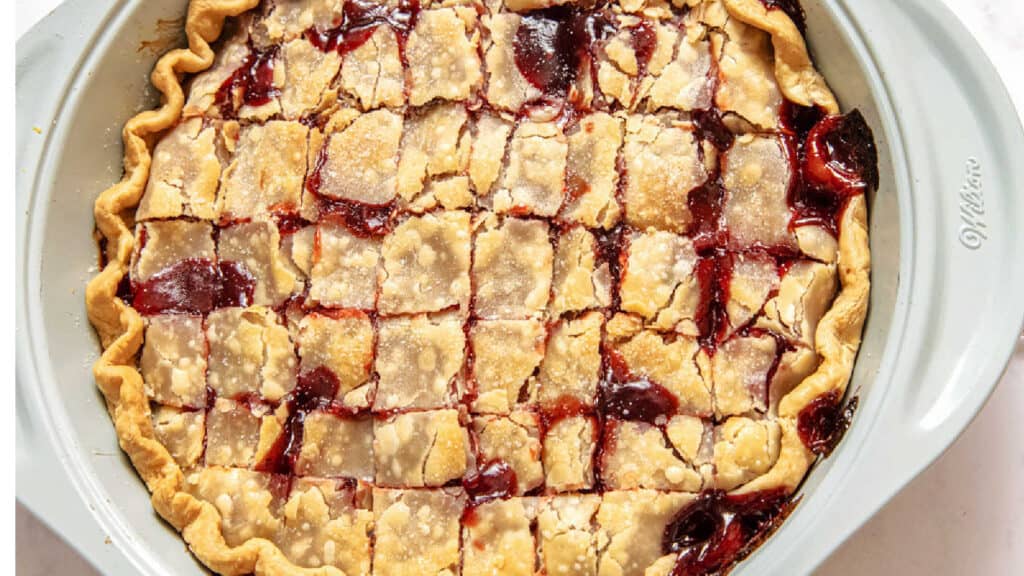 Cherry pandowdy in a baking pan.