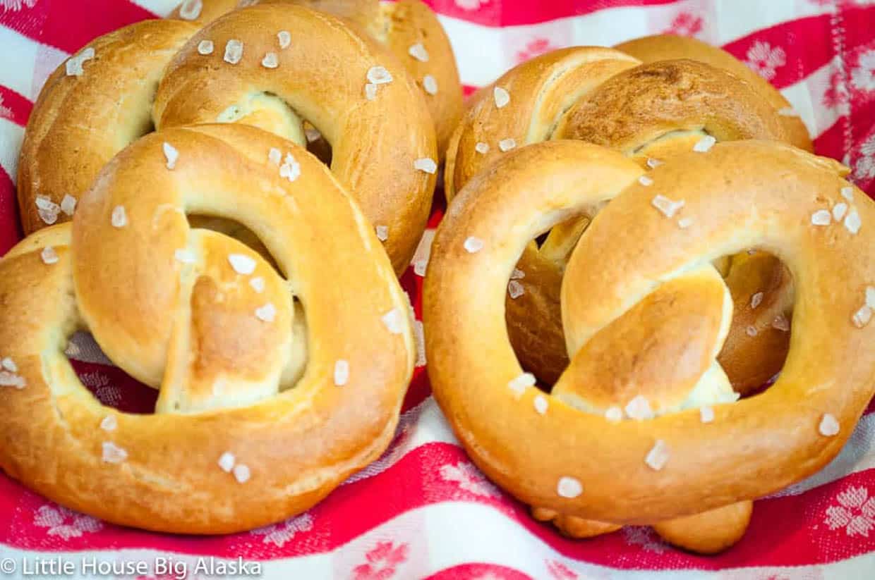 Golden brown soft pretzels.