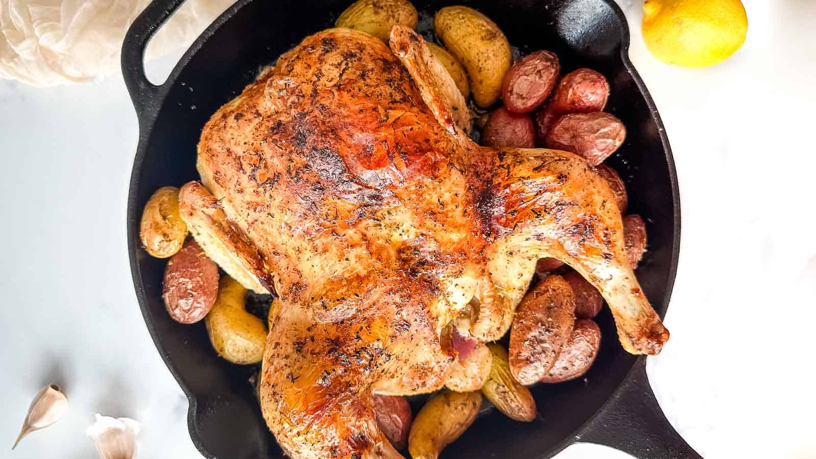 Roasted chicken and potatoes in a cast iron skillet.