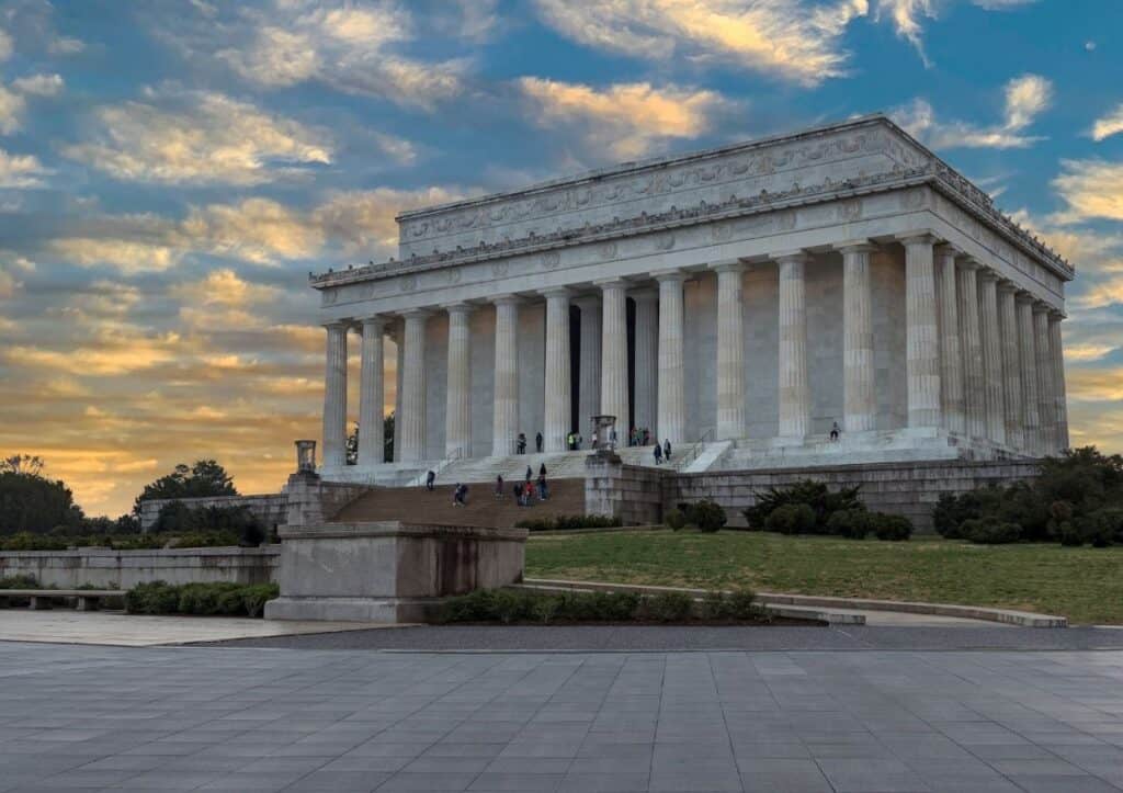 The Lincoln Memorial at sunset in Washington, DC.
