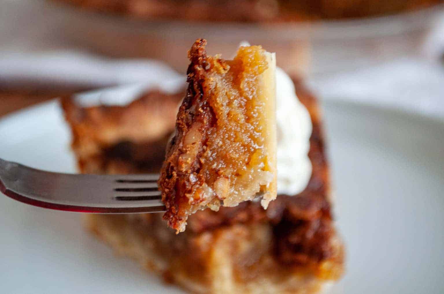 A bite of pecan pie on a fork. 