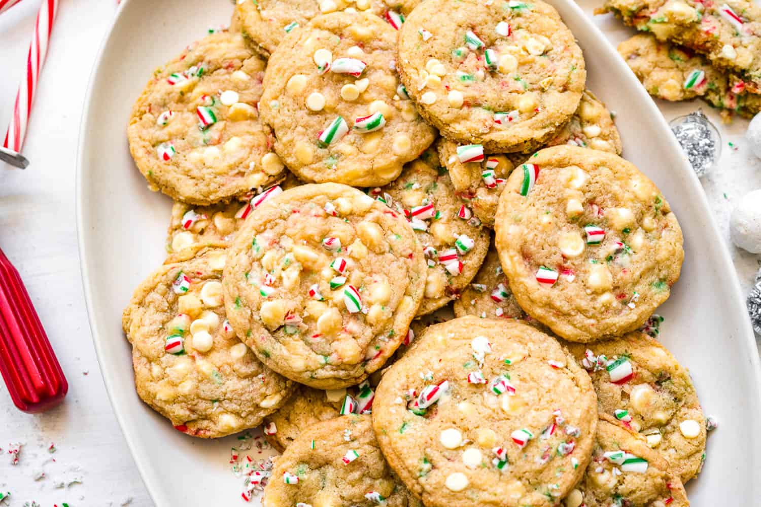 Platter of peppermint white chocolate chip cookies.