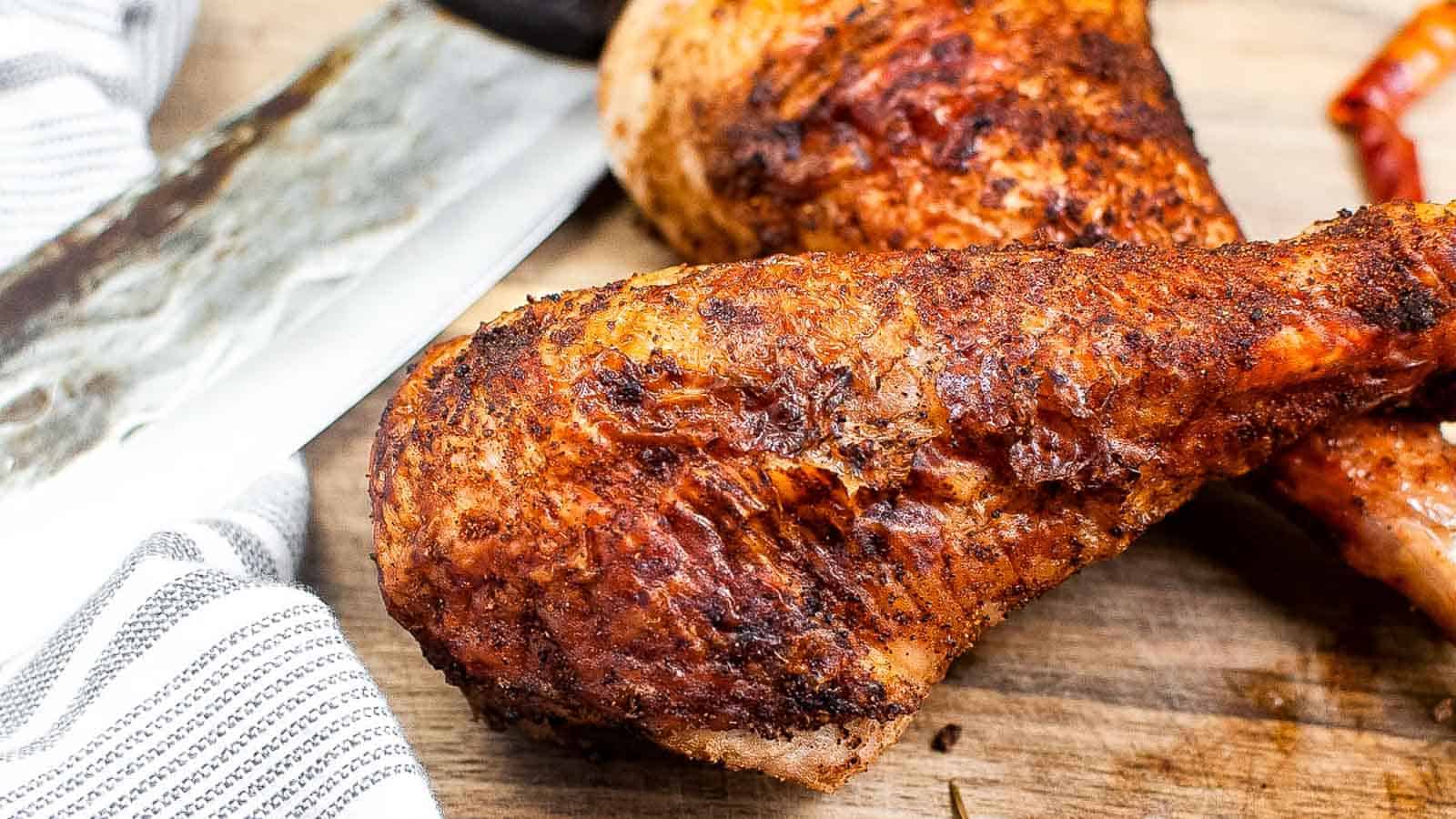 Roasted turkey legs on a cutting board with a knife.