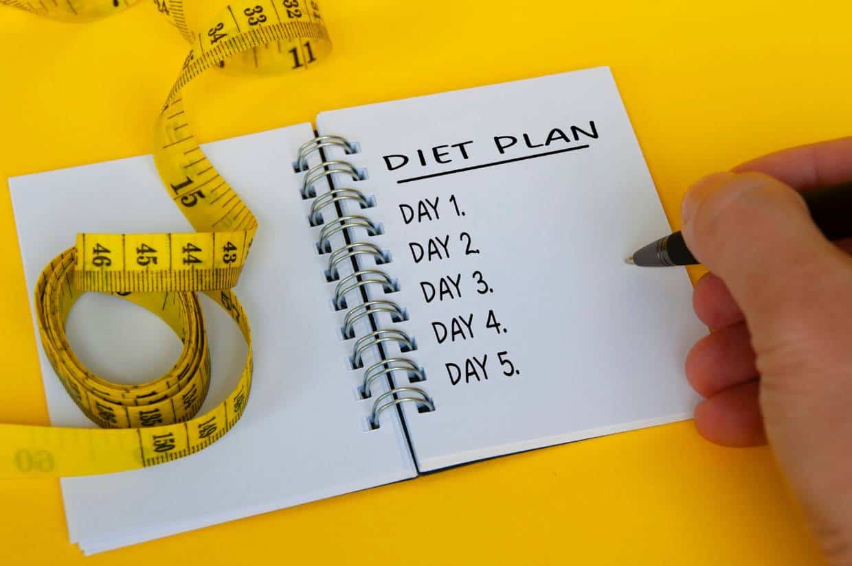 A person writing an elimination diet plan on a notebook.