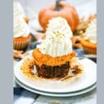 Fall brownie cupcakes with whipped cream on a plate.