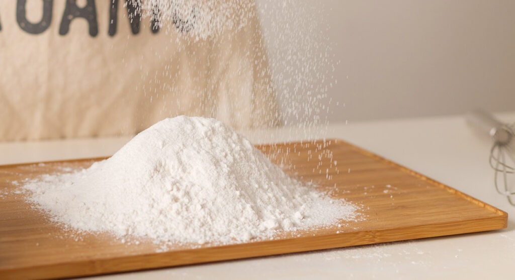 A white powder is being poured onto a wooden board.