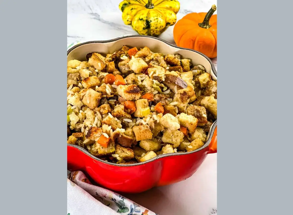 Sausage stuffing in a red pot.