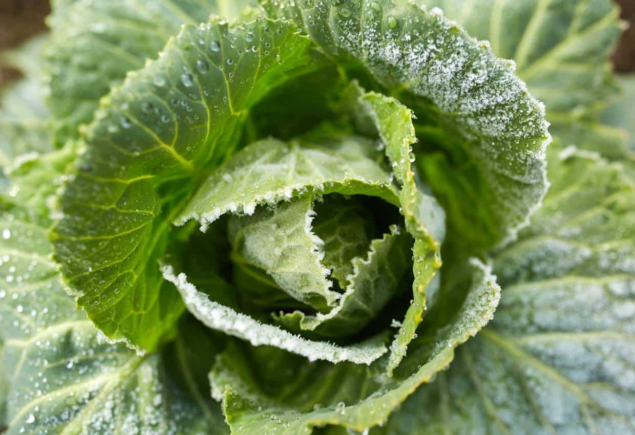 A close up of a cabbage with frost on it.
