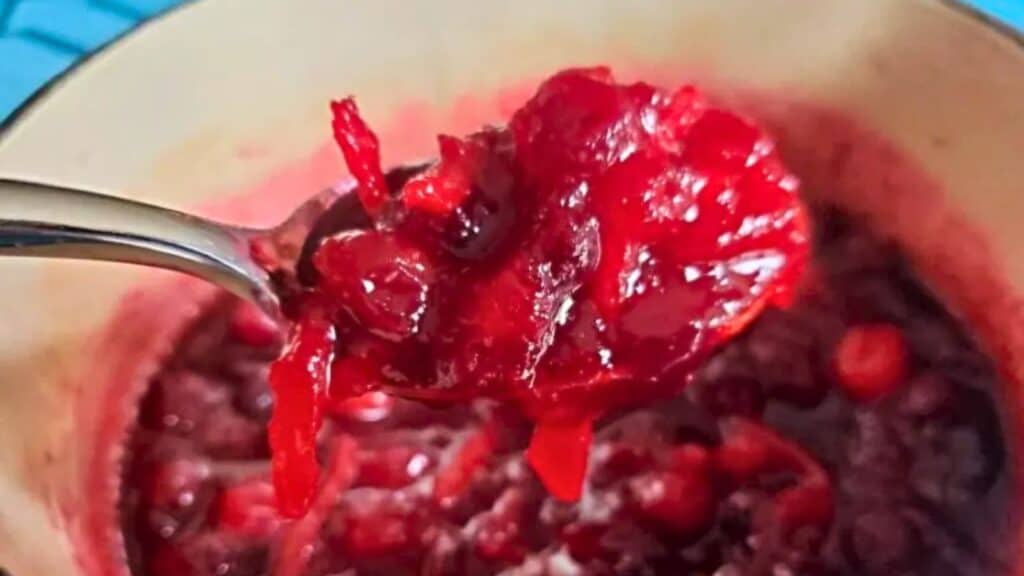 Image shows A spoonful of cranberry sauce in a pot.