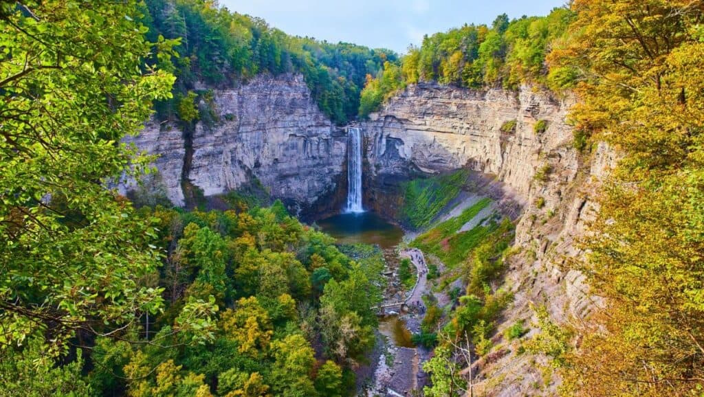 A cliff with a waterfall in the middle of a forest.