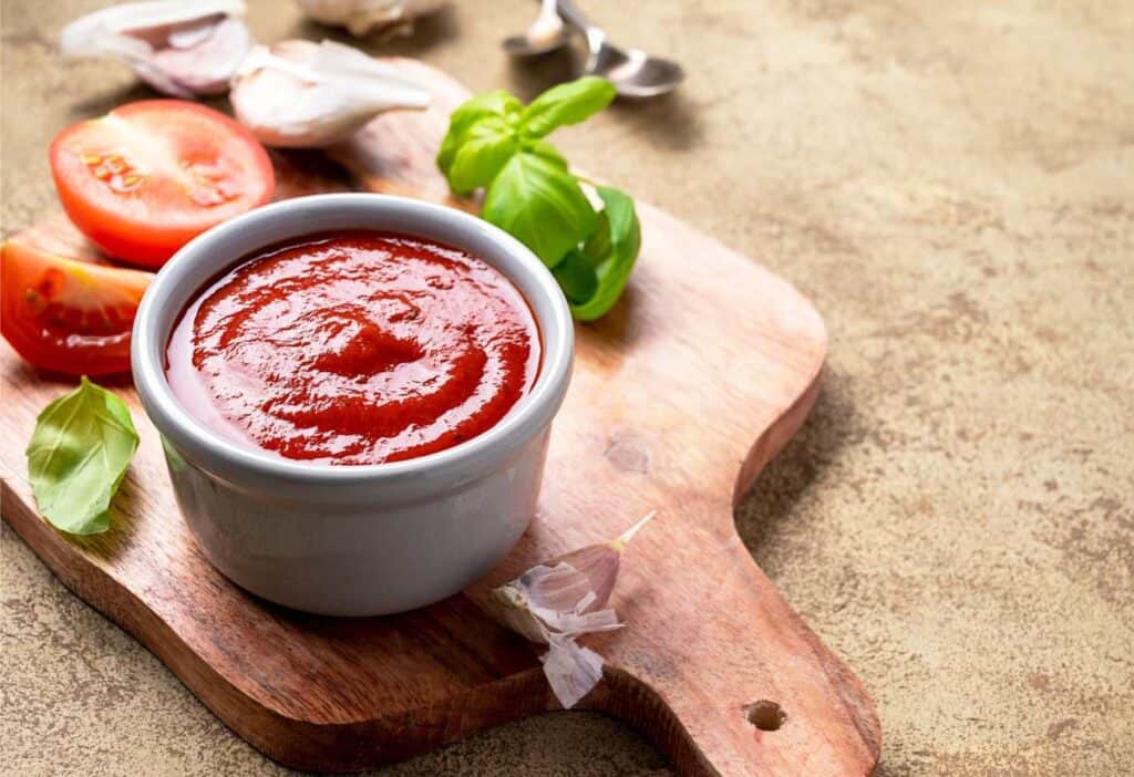 Learn how to make frozen pizza better with the addition of a tangy tomato sauce laid out on a rustic wooden cutting board.