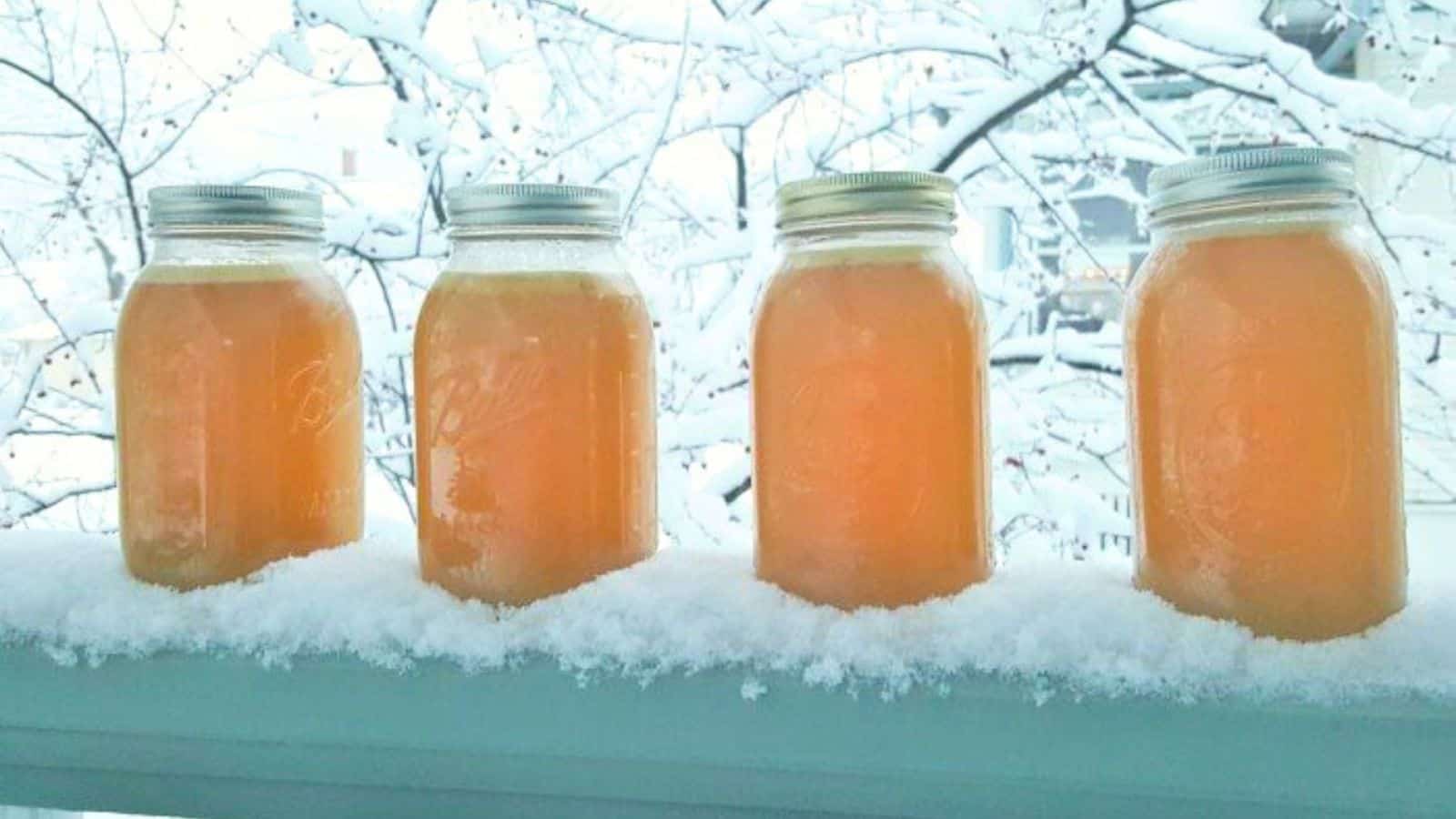 Image shows four mason jars of chicken stock sitting on a railing in the snow.