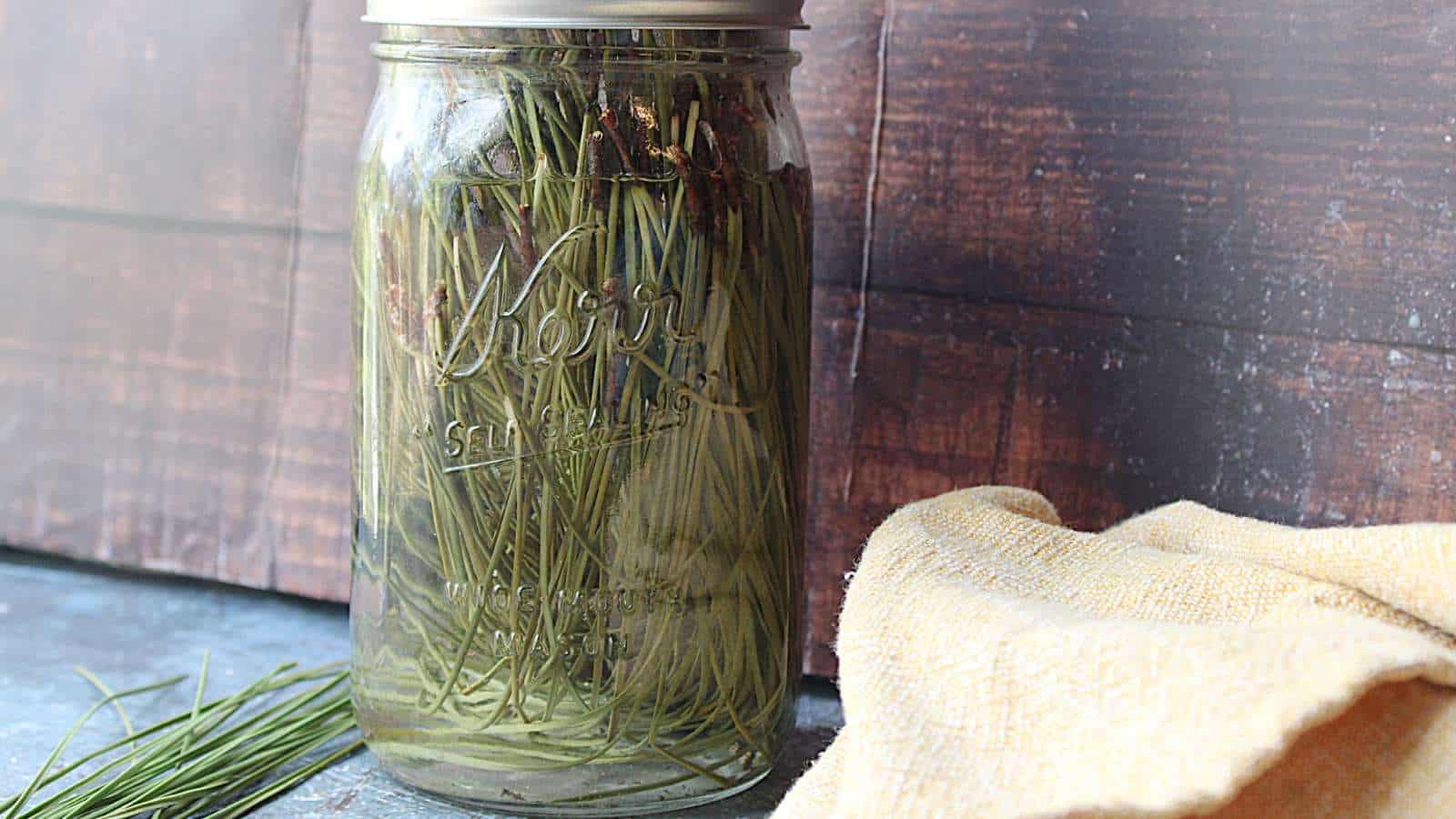 Glass canning jar with pine needles in vinegar.