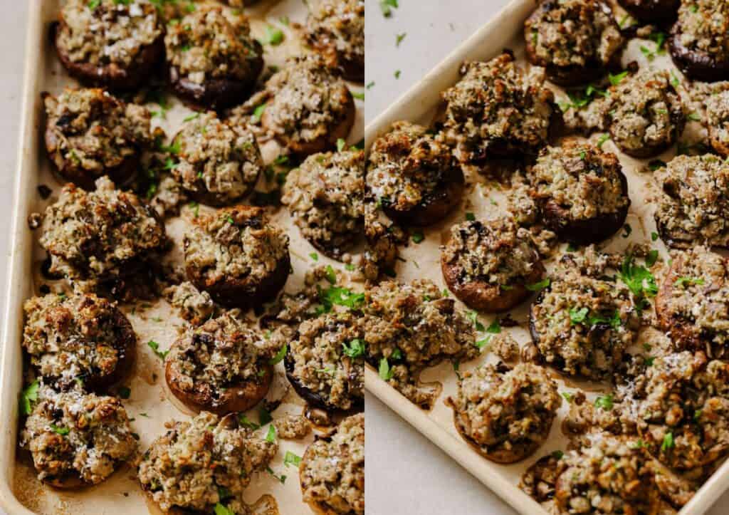Two pictures of stuffed mushrooms on a baking sheet.