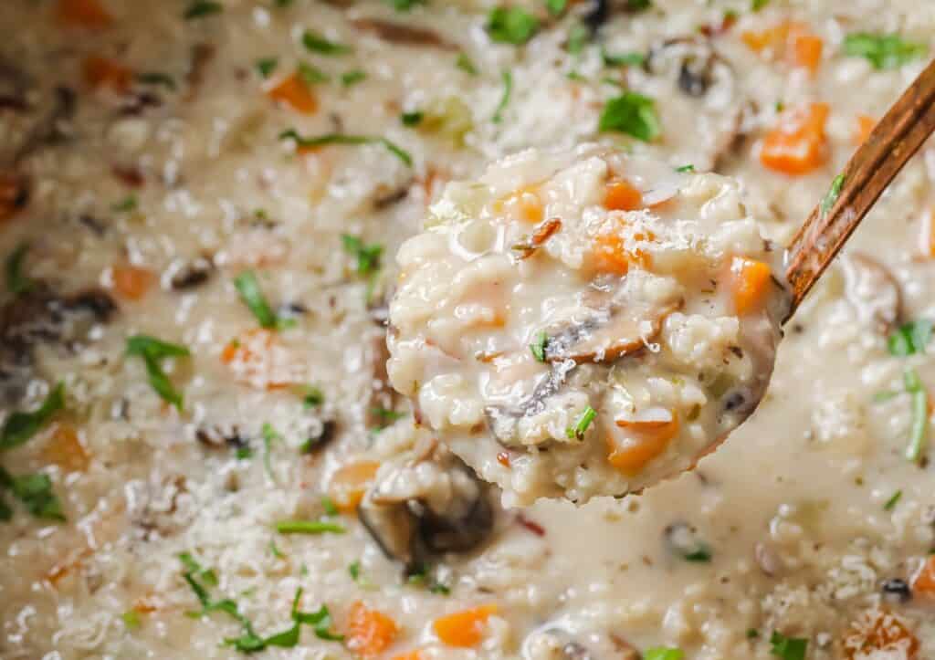 A spoonful of wild rice mushroom soup.